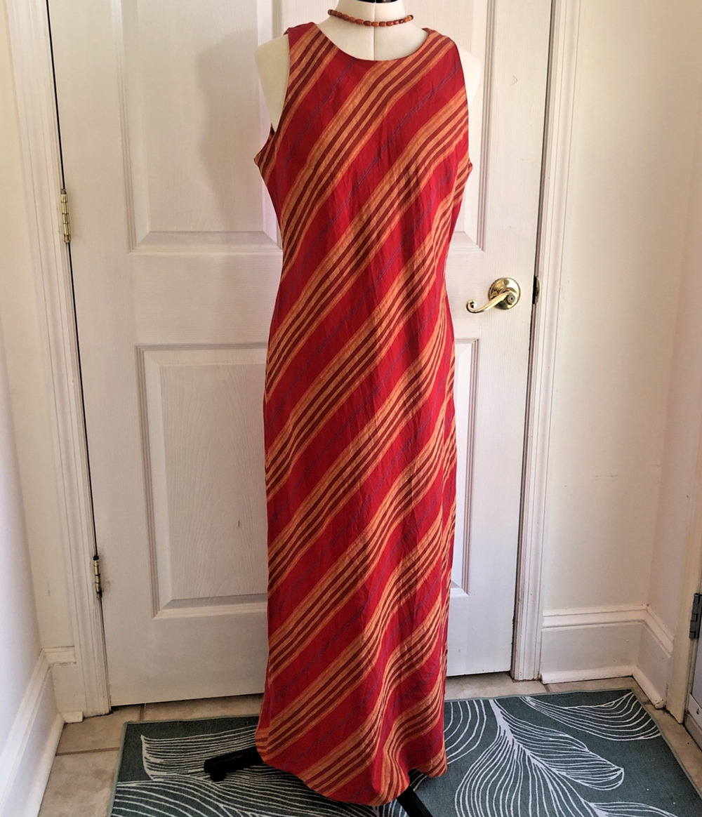Vtg dress Linen blend maxi Dress sz Med diagonal stripe sunsetcore 90s coastal